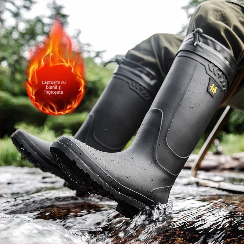 Cizme de ploaie transfrontaliere pentru bărbați, impermeabile și impermeabile, cu căptușeală din fleece, antiderapante, rezistente la uzură, protecție la muncă, pescuit, cizme de ploaie cu butoi lung de lucru din cauciuc