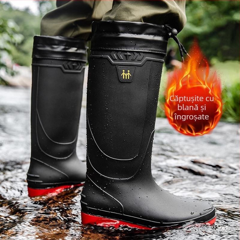 Cizme de ploaie transfrontaliere pentru bărbați, impermeabile și impermeabile, cu căptușeală din fleece, antiderapante, rezistente la uzură, protecție la muncă, pescuit, cizme de ploaie cu butoi lung de lucru din cauciuc