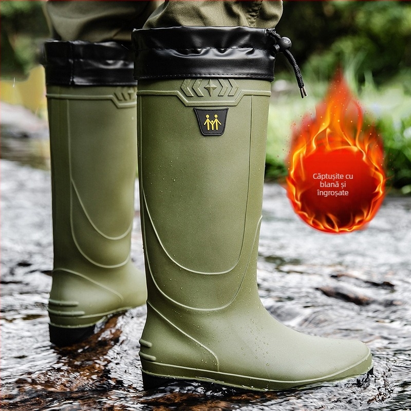 Cizme de ploaie transfrontaliere pentru bărbați, impermeabile și impermeabile, cu căptușeală din fleece, antiderapante, rezistente la uzură, protecție la muncă, pescuit, cizme de ploaie cu butoi lung de lucru din cauciuc