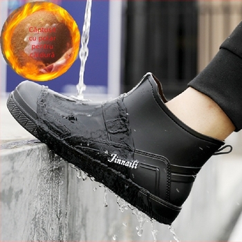 Cizme de ploaie calde cu căptușeală din fleece pentru toamnă și iarnă, cizme de ploaie scurte pentru bărbați, pantofi impermeabili pentru bucătărie, pantofi de cauciuc pentru bărbați, la modă pentru tineri