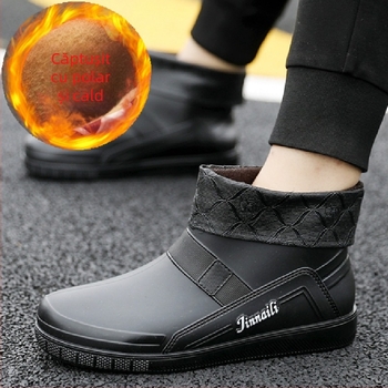 Cizme de ploaie calde cu căptușeală din fleece pentru toamnă și iarnă, cizme de ploaie scurte pentru bărbați, pantofi impermeabili pentru bucătărie, pantofi de cauciuc pentru bărbați, la modă pentru tineri