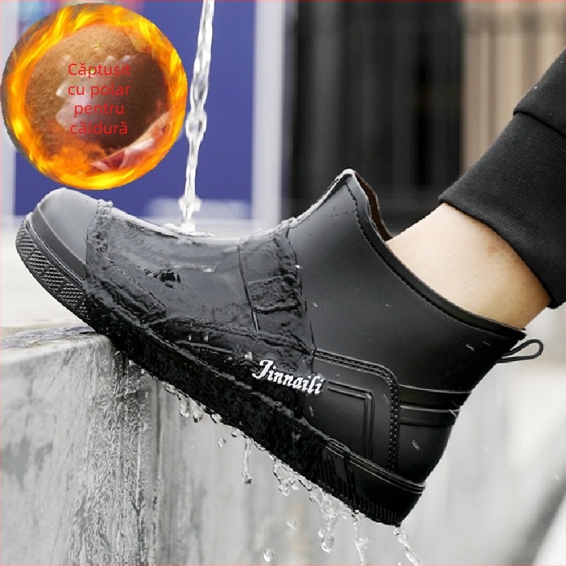 Cizme de ploaie calde cu căptușeală din fleece pentru toamnă și iarnă, cizme de ploaie scurte pentru bărbați, pantofi impermeabili pentru bucătărie, pantofi de cauciuc pentru bărbați, la modă pentru tineri