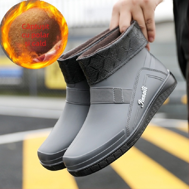Cizme de ploaie calde cu căptușeală din fleece pentru toamnă și iarnă, cizme de ploaie scurte pentru bărbați, pantofi impermeabili pentru bucătărie, pantofi de cauciuc pentru bărbați, la modă pentru tineri