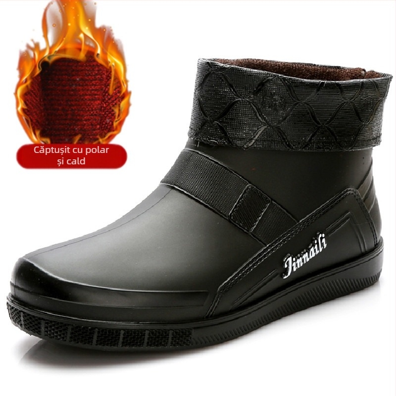 Cizme de ploaie calde cu căptușeală din fleece pentru toamnă și iarnă, cizme de ploaie scurte pentru bărbați, pantofi impermeabili pentru bucătărie, pantofi de cauciuc pentru bărbați, la modă pentru tineri