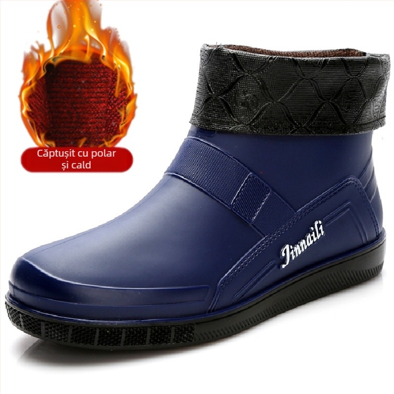 Cizme de ploaie calde cu căptușeală din fleece pentru toamnă și iarnă, cizme de ploaie scurte pentru bărbați, pantofi impermeabili pentru bucătărie, pantofi de cauciuc pentru bărbați, la modă pentru tineri