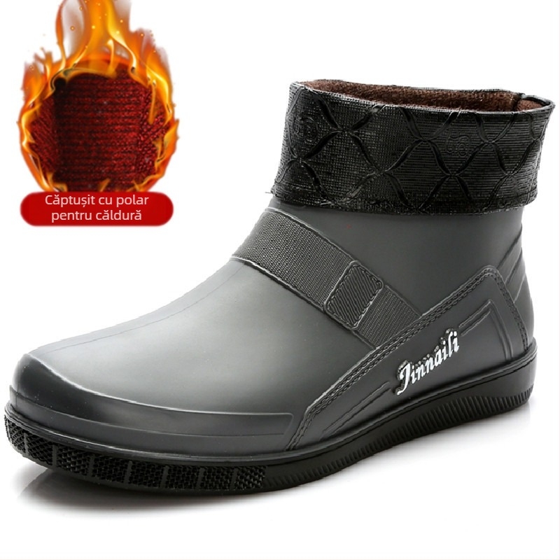 Cizme de ploaie calde cu căptușeală din fleece pentru toamnă și iarnă, cizme de ploaie scurte pentru bărbați, pantofi impermeabili pentru bucătărie, pantofi de cauciuc pentru bărbați, la modă pentru tineri