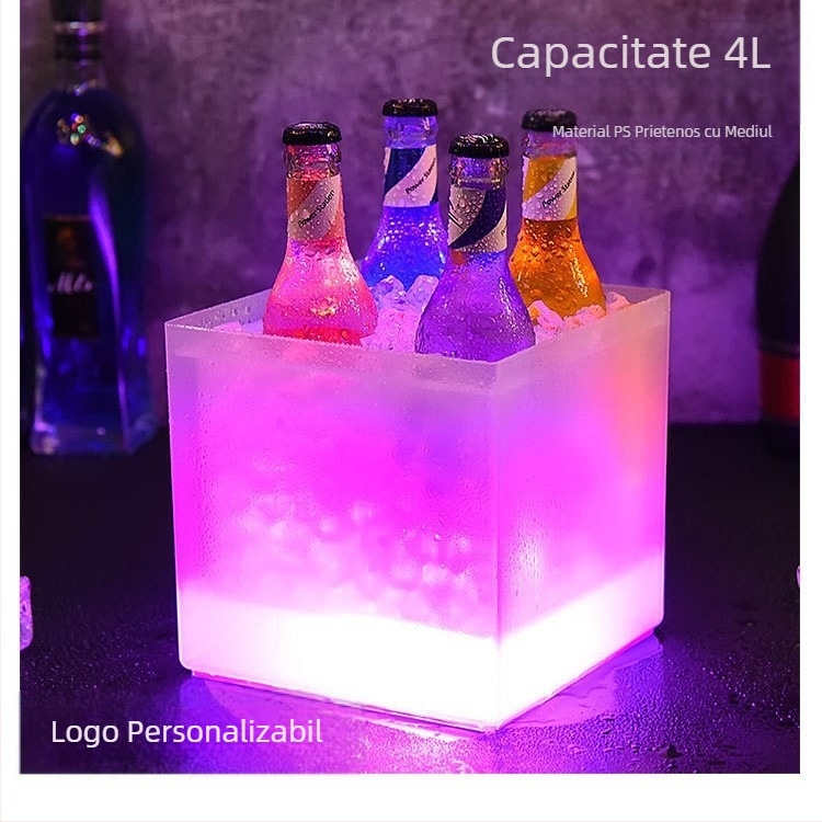 Găleată de gheață luminoasă, pătrată, dublu strat PP din plastic mată, mică, cu baterie de 3,5 l, pentru bere și șampanie