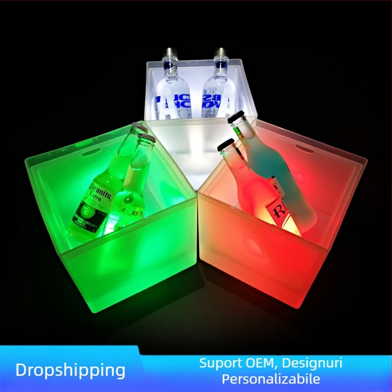 Găleată de gheață luminoasă, pătrată, dublu strat PP din plastic mată, mică, cu baterie de 3,5 l, pentru bere și șampanie