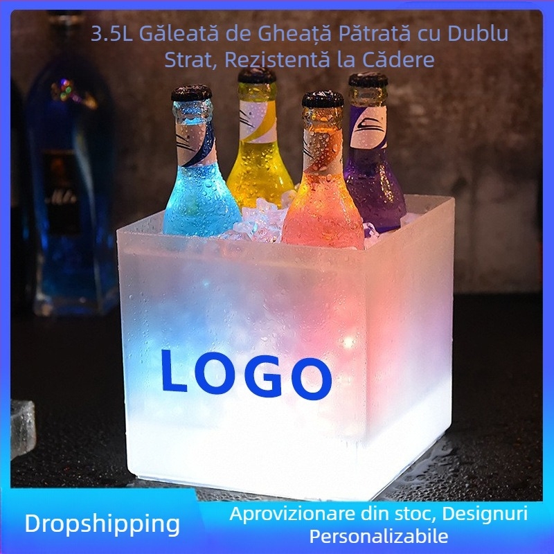 Găleată de gheață luminoasă, pătrată, dublu strat PP din plastic mată, mică, cu baterie de 3,5 l, pentru bere și șampanie