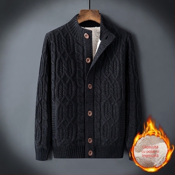 Pulover de iarnă pentru bărbați, en-gros, plus pulover căptușit cu catifea, cald, mărime largă, cardigan retro răsucit, culoare solidă, pentru bărbați