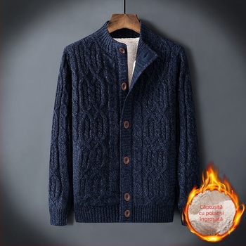 Pulover de iarnă pentru bărbați, en-gros, plus pulover căptușit cu catifea, cald, mărime largă, cardigan retro răsucit, culoare solidă, pentru bărbați