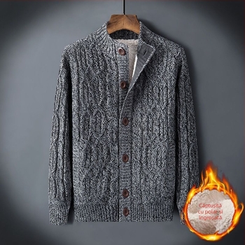Pulover de iarnă pentru bărbați, en-gros, plus pulover căptușit cu catifea, cald, mărime largă, cardigan retro răsucit, culoare solidă, pentru bărbați