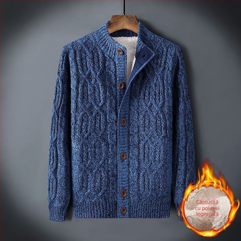 Pulover de iarnă pentru bărbați, en-gros, plus pulover căptușit cu catifea, cald, mărime largă, cardigan retro răsucit, culoare solidă, pentru bărbați