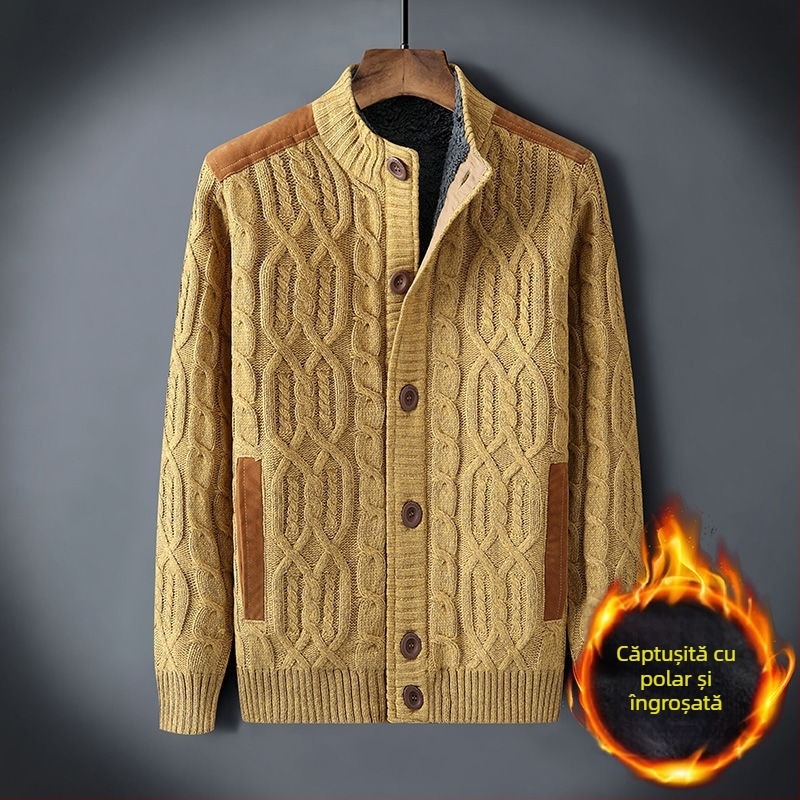 Pulover de iarnă pentru bărbați, en-gros, plus pulover căptușit cu catifea, cald, mărime largă, cardigan retro răsucit, culoare solidă, pentru bărbați