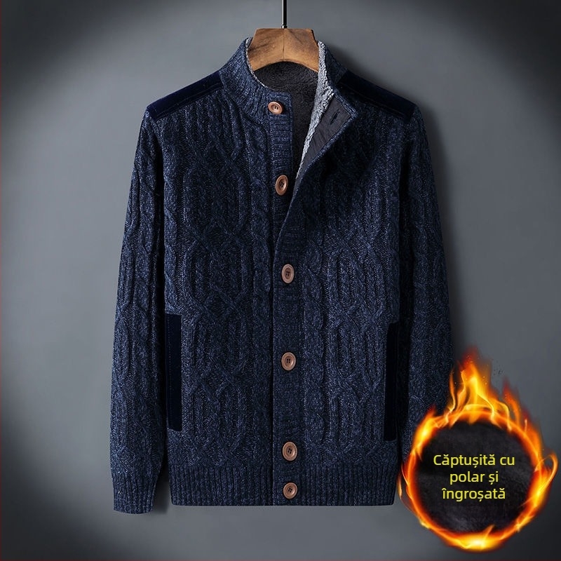 Pulover de iarnă pentru bărbați, en-gros, plus pulover căptușit cu catifea, cald, mărime largă, cardigan retro răsucit, culoare solidă, pentru bărbați