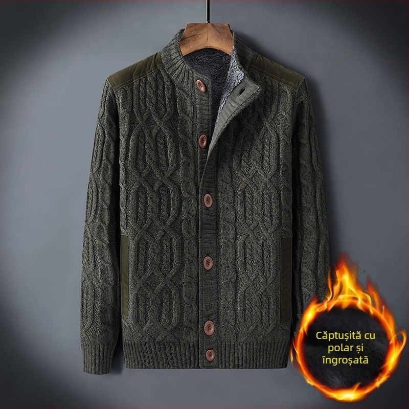Pulover de iarnă pentru bărbați, en-gros, plus pulover căptușit cu catifea, cald, mărime largă, cardigan retro răsucit, culoare solidă, pentru bărbați