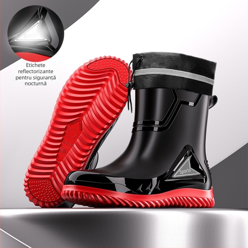 Cizme de ploaie pentru bărbați, de dimensiuni medii, cu reflectorizante integrate și cordon, impermeabile, antiderapante, cizme de ploaie pentru bărbați, pantofi de pescuit din cauciuc