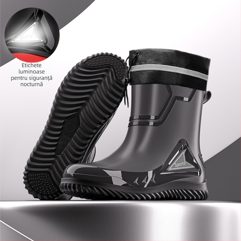 Cizme de ploaie pentru bărbați, de dimensiuni medii, cu reflectorizante integrate și cordon, impermeabile, antiderapante, cizme de ploaie pentru bărbați, pantofi de pescuit din cauciuc