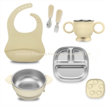 Farfurie pentru copii, set de tacâmuri mici, silicon, calitate alimentară, anti-cădere, detașabilă, din oțel inoxidabil 304, cu ventuză