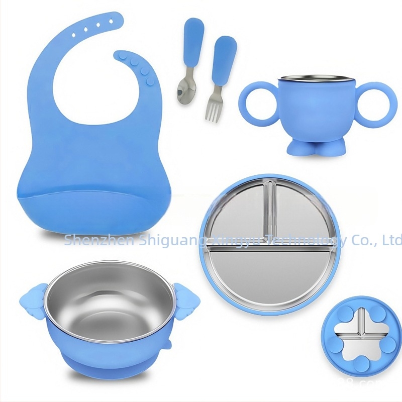 Farfurie pentru copii, set de tacâmuri mici, silicon, calitate alimentară, anti-cădere, detașabilă, din oțel inoxidabil 304, cu ventuză