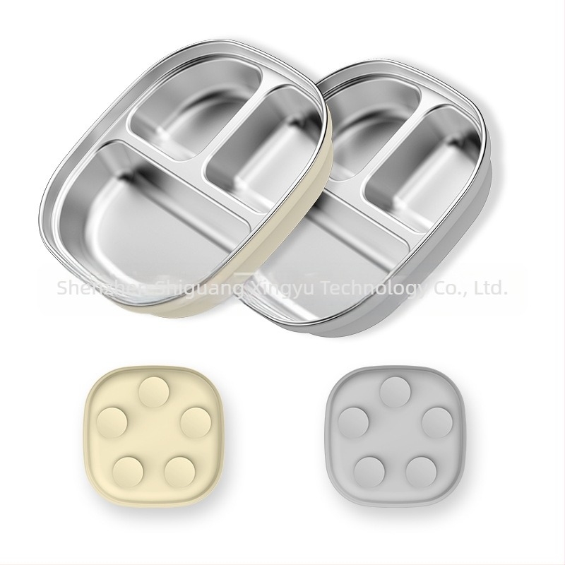 Farfurie pentru copii, set de tacâmuri mici, silicon, calitate alimentară, anti-cădere, detașabilă, din oțel inoxidabil 304, cu ventuză