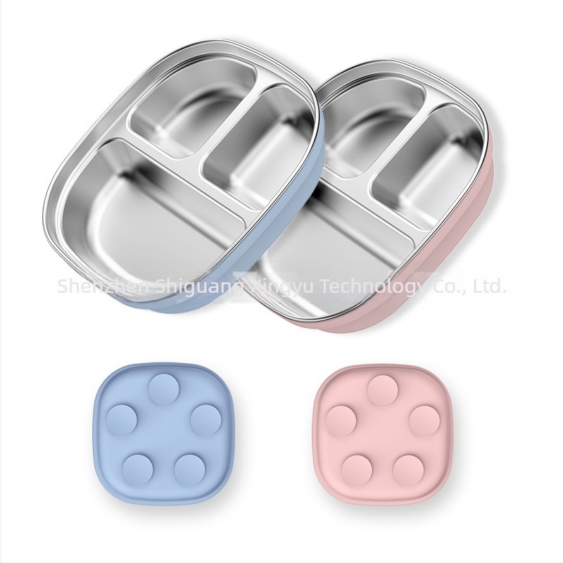 Farfurie pentru copii, set de tacâmuri mici, silicon, calitate alimentară, anti-cădere, detașabilă, din oțel inoxidabil 304, cu ventuză