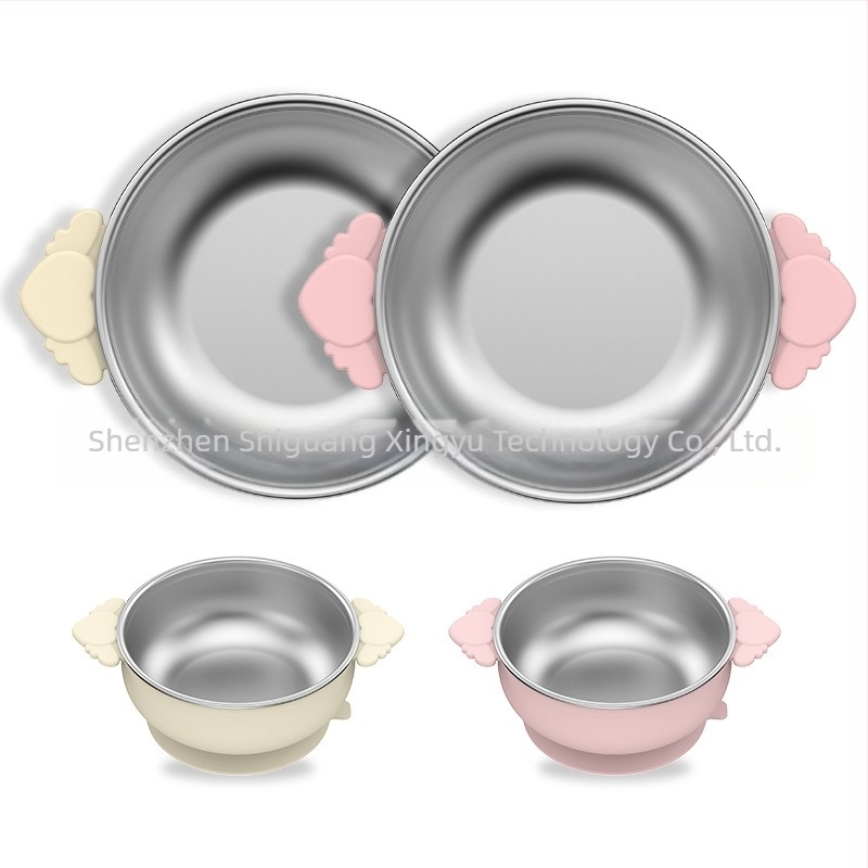 Farfurie pentru copii, set de tacâmuri mici, silicon, calitate alimentară, anti-cădere, detașabilă, din oțel inoxidabil 304, cu ventuză