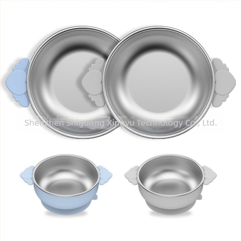 Farfurie pentru copii, set de tacâmuri mici, silicon, calitate alimentară, anti-cădere, detașabilă, din oțel inoxidabil 304, cu ventuză