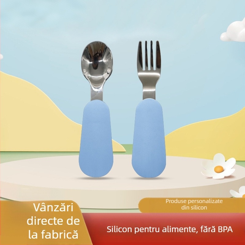 Farfurie pentru copii, set de tacâmuri mici, silicon, calitate alimentară, anti-cădere, detașabilă, din oțel inoxidabil 304, cu ventuză