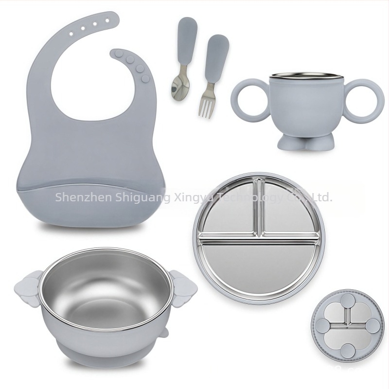 Farfurie pentru copii, set de tacâmuri mici, silicon, calitate alimentară, anti-cădere, detașabilă, din oțel inoxidabil 304, cu ventuză