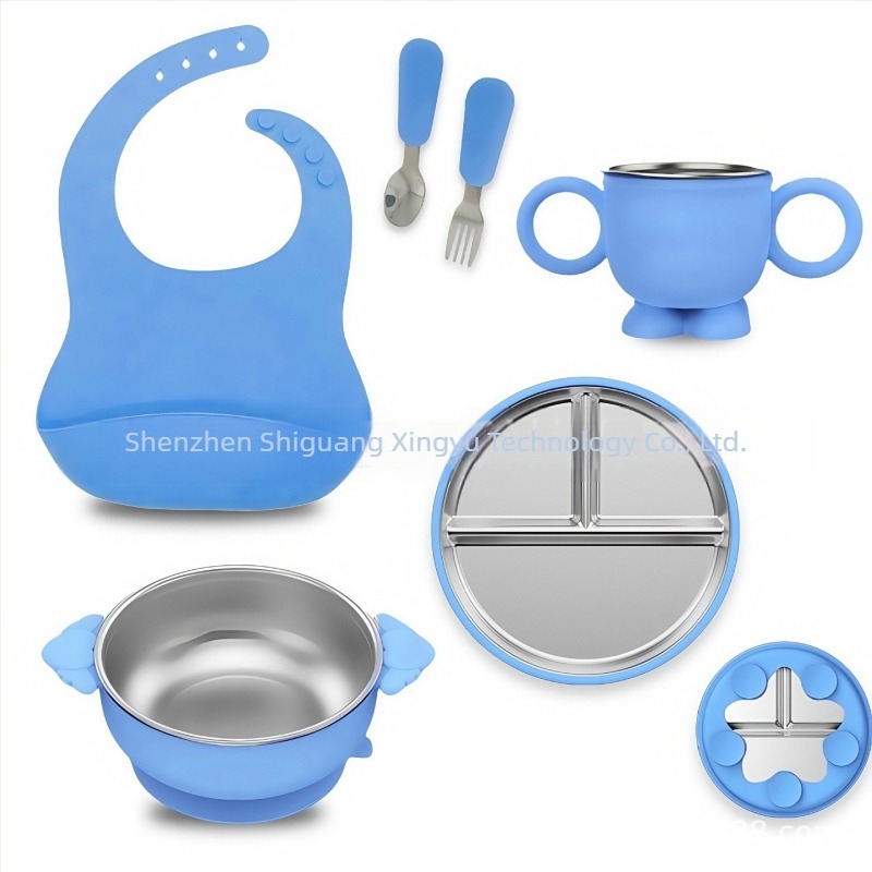 Farfurie pentru copii, set de tacâmuri mici, silicon, calitate alimentară, anti-cădere, detașabilă, din oțel inoxidabil 304, cu ventuză