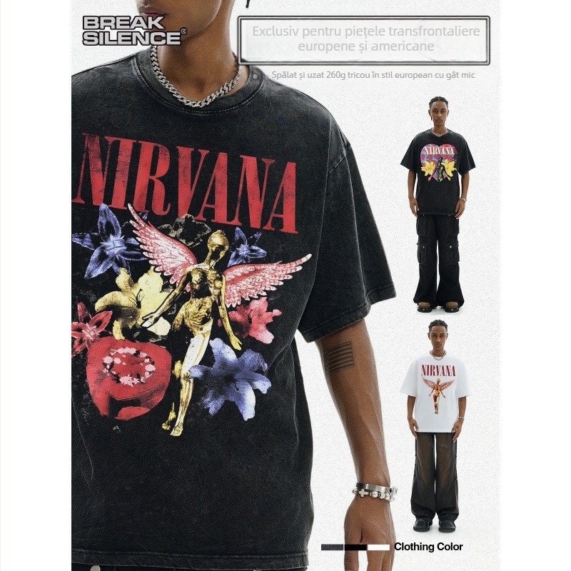 Nirvana Rock American 3D Digital Printing Retro cu mânecă scurtă T-shirt Cross-Border Printing American Fashion Vintage Imitație de bumbac