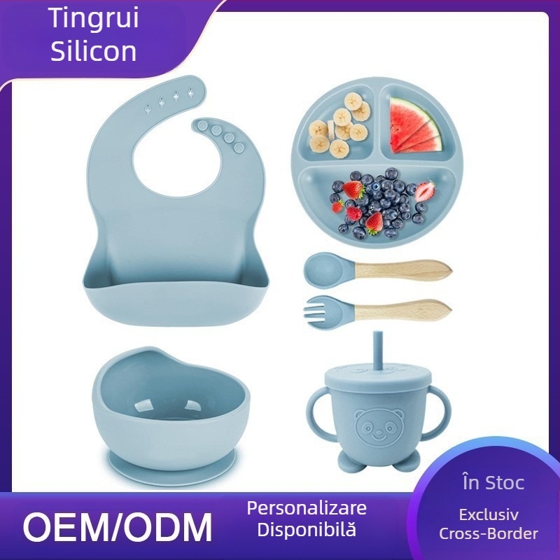 Tacâmuri din silicon pentru mamă și bebeluș, bol pentru mâncare pentru bebeluși, accesorii pentru hrănire, farfurie din silicon alimentar, bavetă, cană cu apă, furculiță și lingură, transfrontaliere
