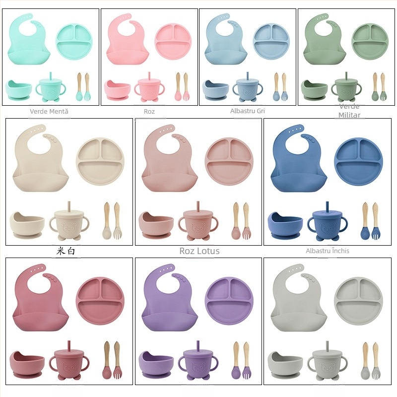 Tacâmuri din silicon pentru mamă și bebeluș, bol pentru mâncare pentru bebeluși, accesorii pentru hrănire, farfurie din silicon alimentar, bavetă, cană cu apă, furculiță și lingură, transfrontaliere