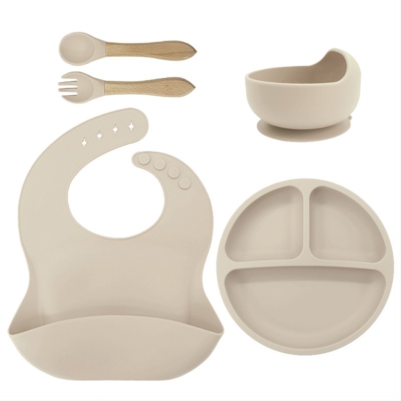 Tacâmuri din silicon pentru mamă și bebeluș, bol pentru mâncare pentru bebeluși, accesorii pentru hrănire, farfurie din silicon alimentar, bavetă, cană cu apă, furculiță și lingură, transfrontaliere