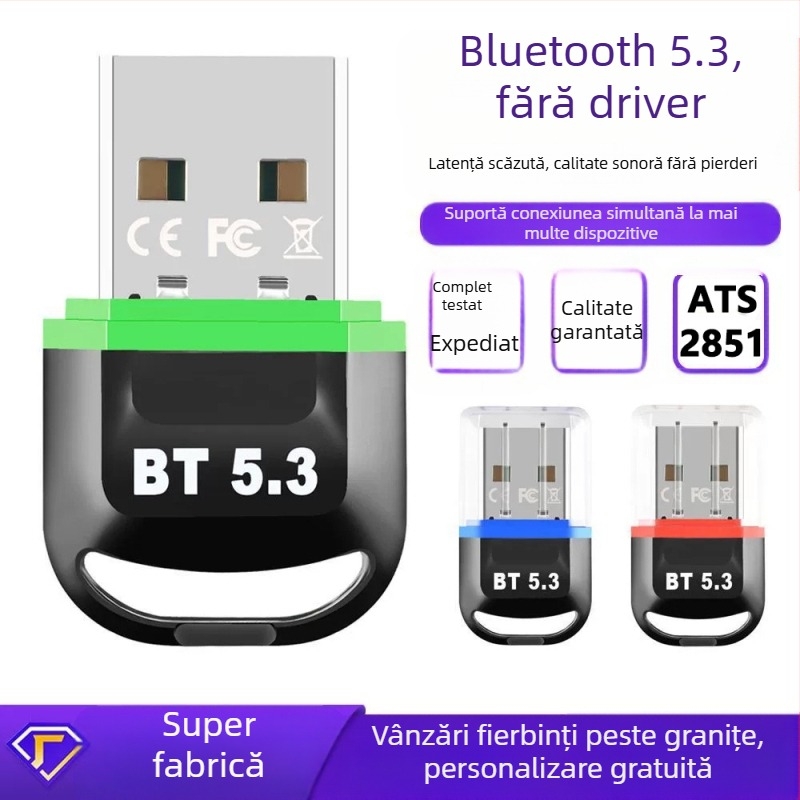Adaptor Bluetooth USB pentru computer 5.3, suport pentru PC desktop, receptor și transmițător extern pentru căști Bluetooth, fără driver