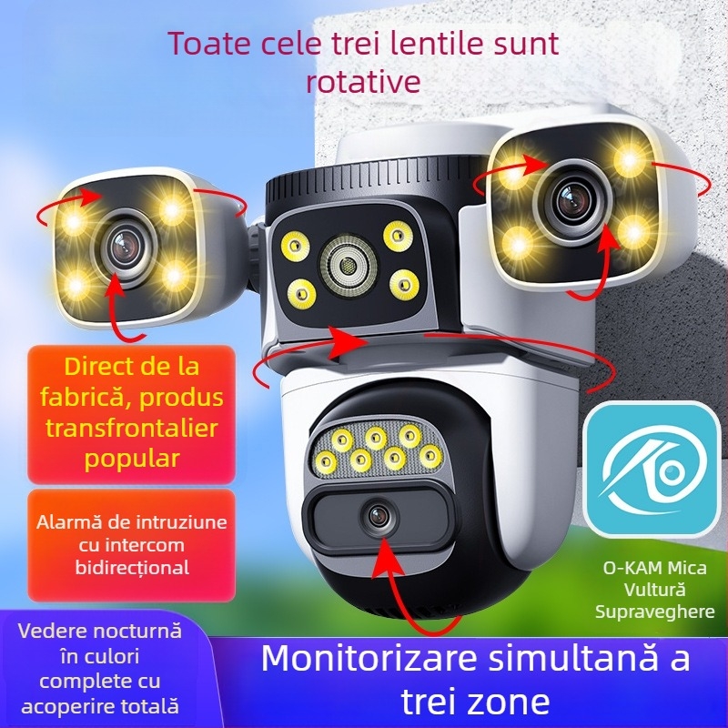 Cameră de monitorizare WiFi wireless direct din fabrică, cu trei ochi, cu legătură la bilă, pentru exterior, cameră dublă, flux liber, impermeabilă, pentru exterior
