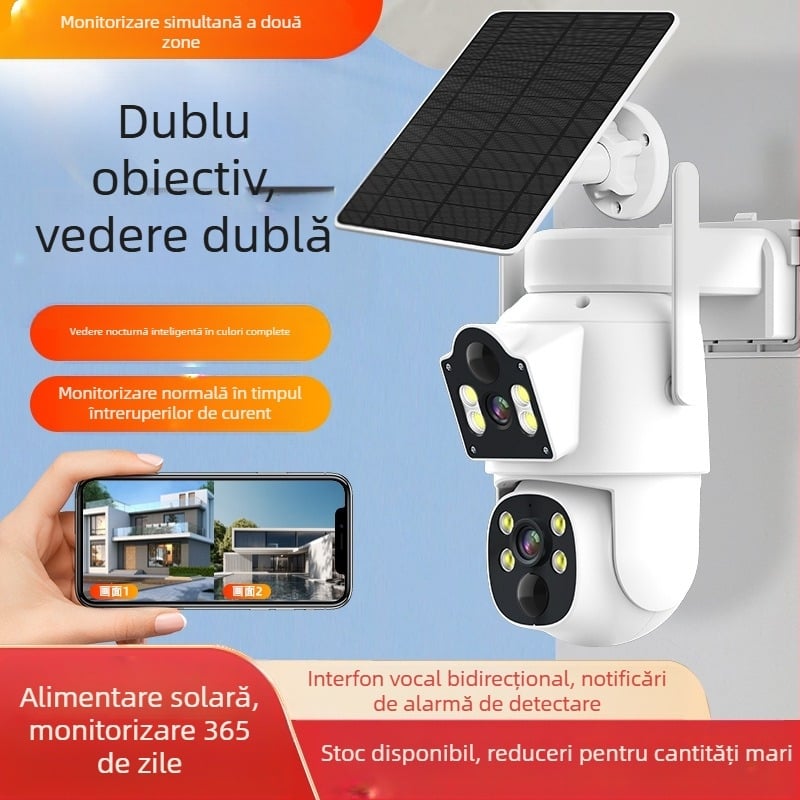 Cameră de supraveghere solară binoculară pentru exterior, cu consum redus de energie, impermeabilă, fără fir, Wifi, cameră de supraveghere HD, color complet