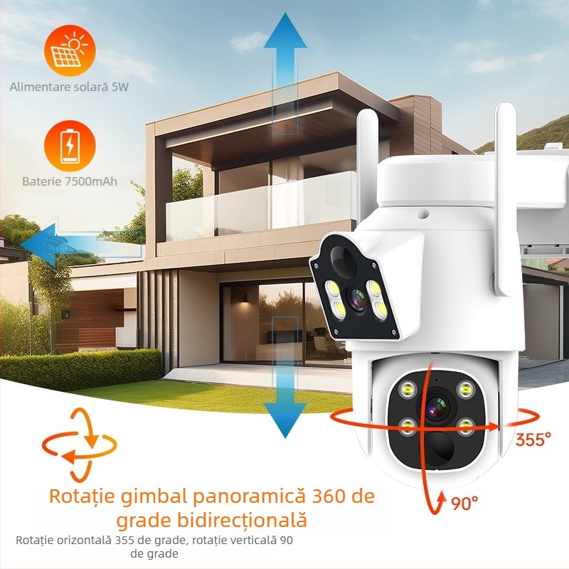 Cameră de supraveghere solară binoculară pentru exterior, cu consum redus de energie, impermeabilă, fără fir, Wifi, cameră de supraveghere HD, color complet