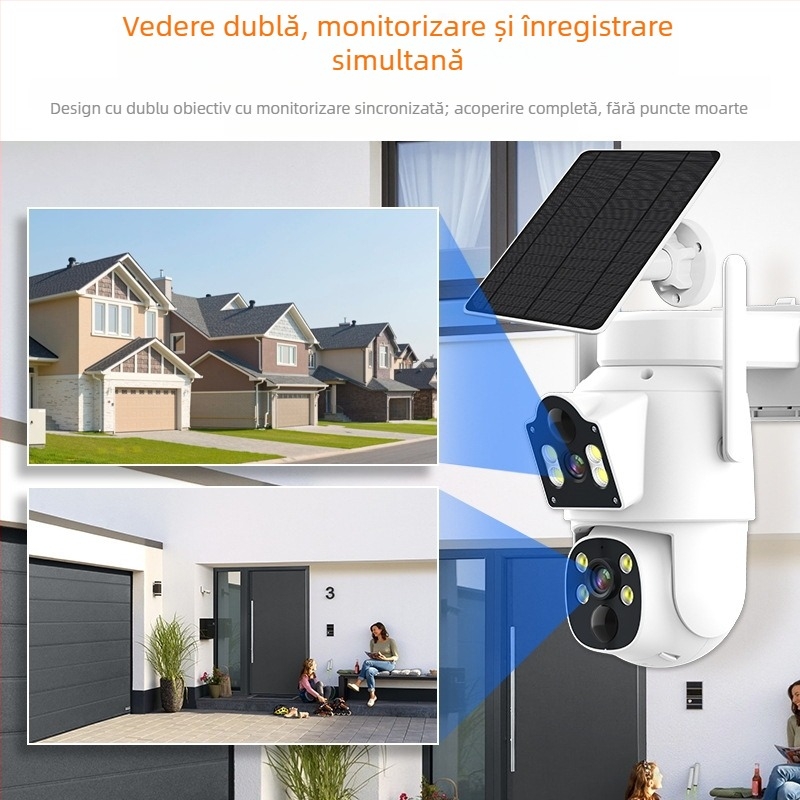 Cameră de supraveghere solară binoculară pentru exterior, cu consum redus de energie, impermeabilă, fără fir, Wifi, cameră de supraveghere HD, color complet