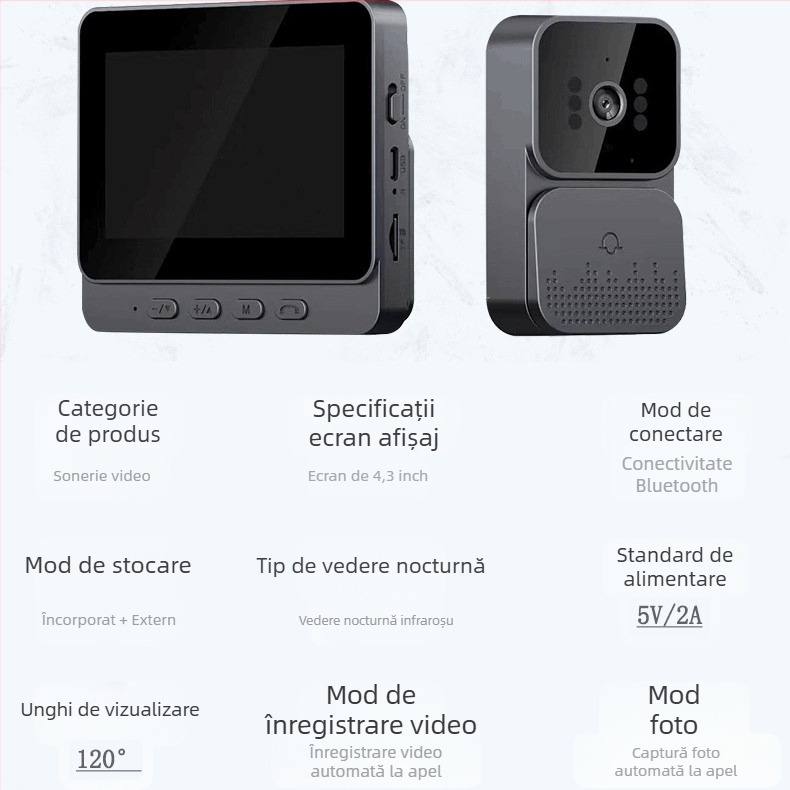 Sonerie video wireless M10, ecran de 4,3 inch, interfon inteligent bidirecțional, monitorizare video, selecție transfrontalieră