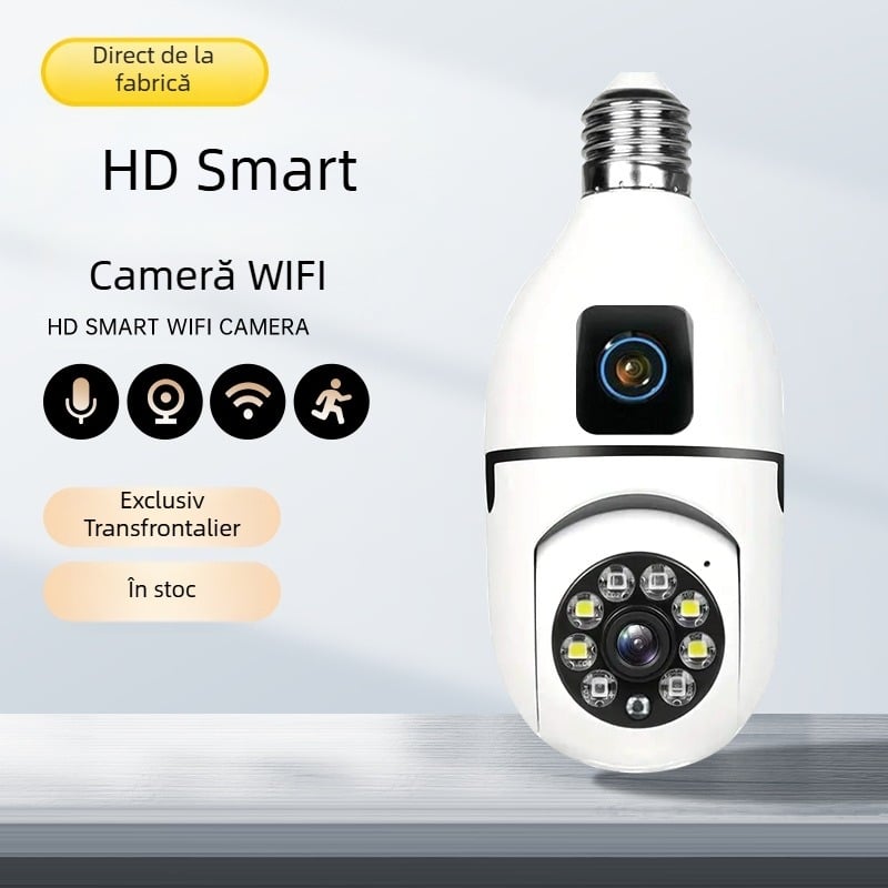 Cameră de supraveghere transfrontalieră cu două lentile pentru bec, wireless, WIFi, cameră HD la 360 de grade, cu suport pentru lampă de interior