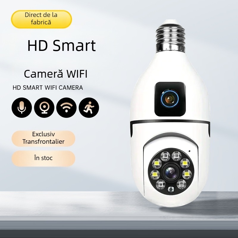 Cameră de supraveghere transfrontalieră cu două lentile pentru bec, wireless, WIFi, cameră HD la 360 de grade, cu suport pentru lampă de interior