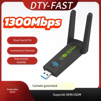 Placă de rețea wireless de 1300 m, fără driver, Gigabit Dual-Band, receptor USB pentru desktop, transmițător Wifi, compatibilitate completă cu rețeaua