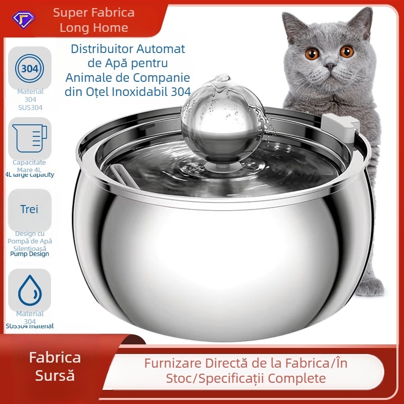 Distribuitor de apă din oțel inoxidabil transfrontalier de 4L pentru animale de companie, pentru pisici și câini, alimentator automat de apă, distribuitor sferic de apă purificatoare de calitate