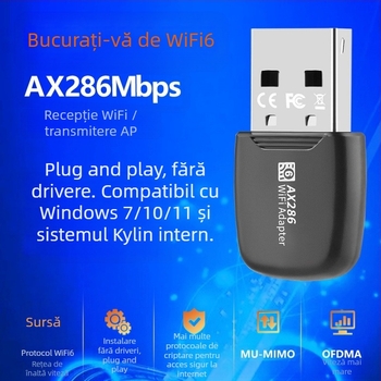 Placă de rețea wireless Wifi6 fără driver, 286M, pentru desktop, laptop, receptor wireless WiFi USB, transmițător AP