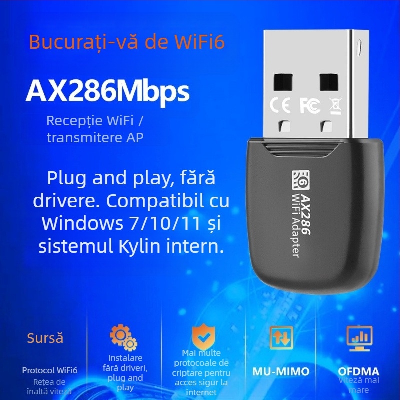 Placă de rețea wireless Wifi6 fără driver, 286M, pentru desktop, laptop, receptor wireless WiFi USB, transmițător AP