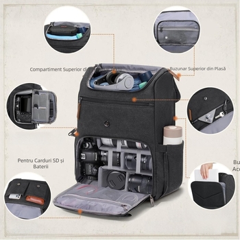 Rucsac simplu casual în aer liber, rucsac de fotografie, impermeabil și rezistent la uzură din pânză, rucsac școlar