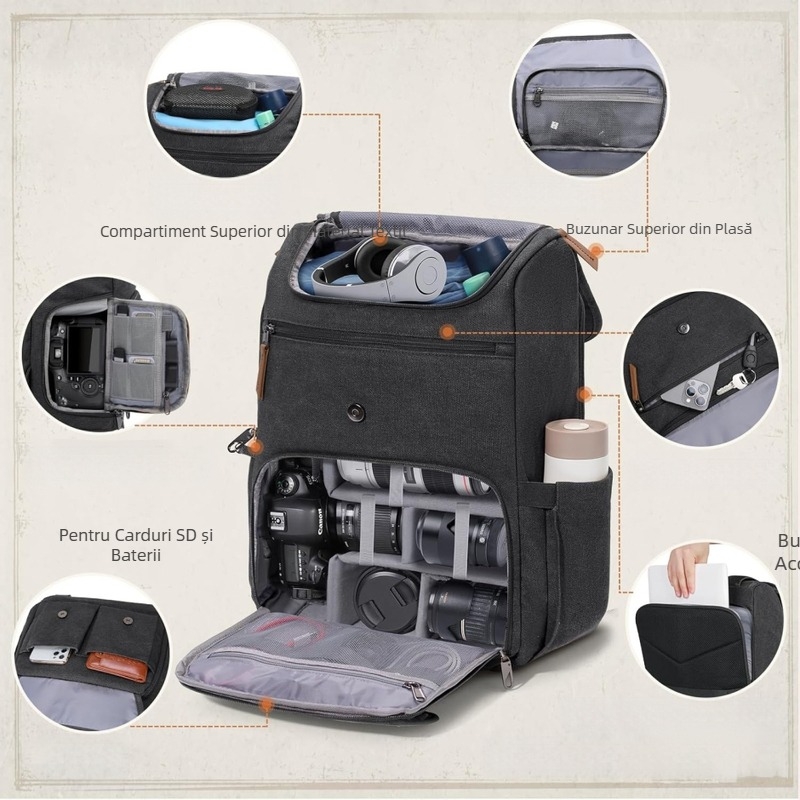 Rucsac simplu casual în aer liber, rucsac de fotografie, impermeabil și rezistent la uzură din pânză, rucsac școlar