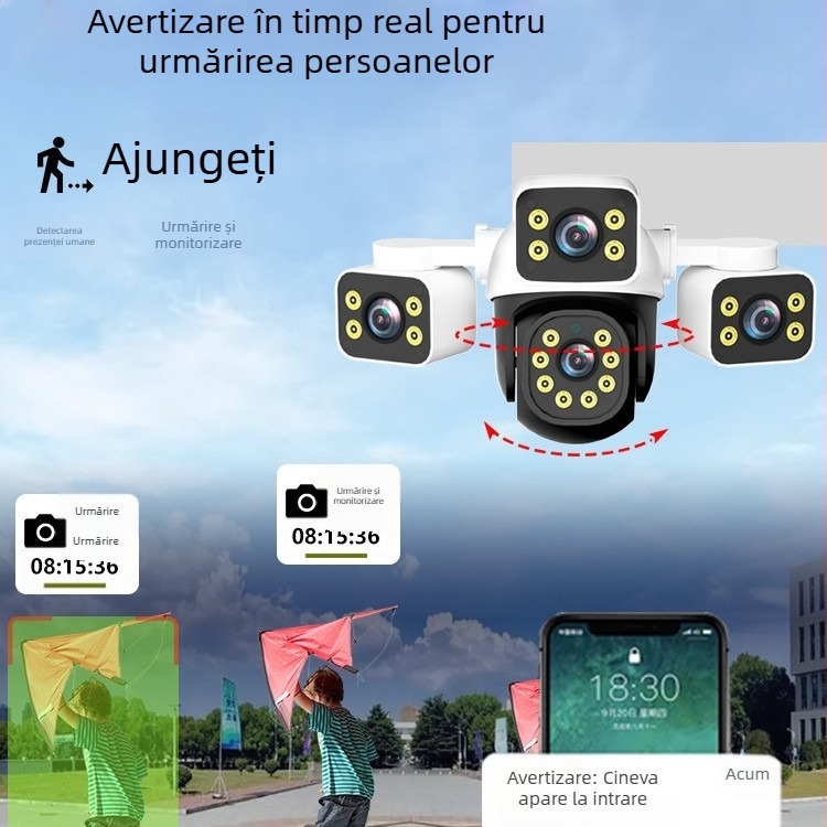 Mini cameră de supraveghere cu trei lentile, trei ecrane, multi-unghi, cu fir/Wifi, pentru exterior, impermeabilă